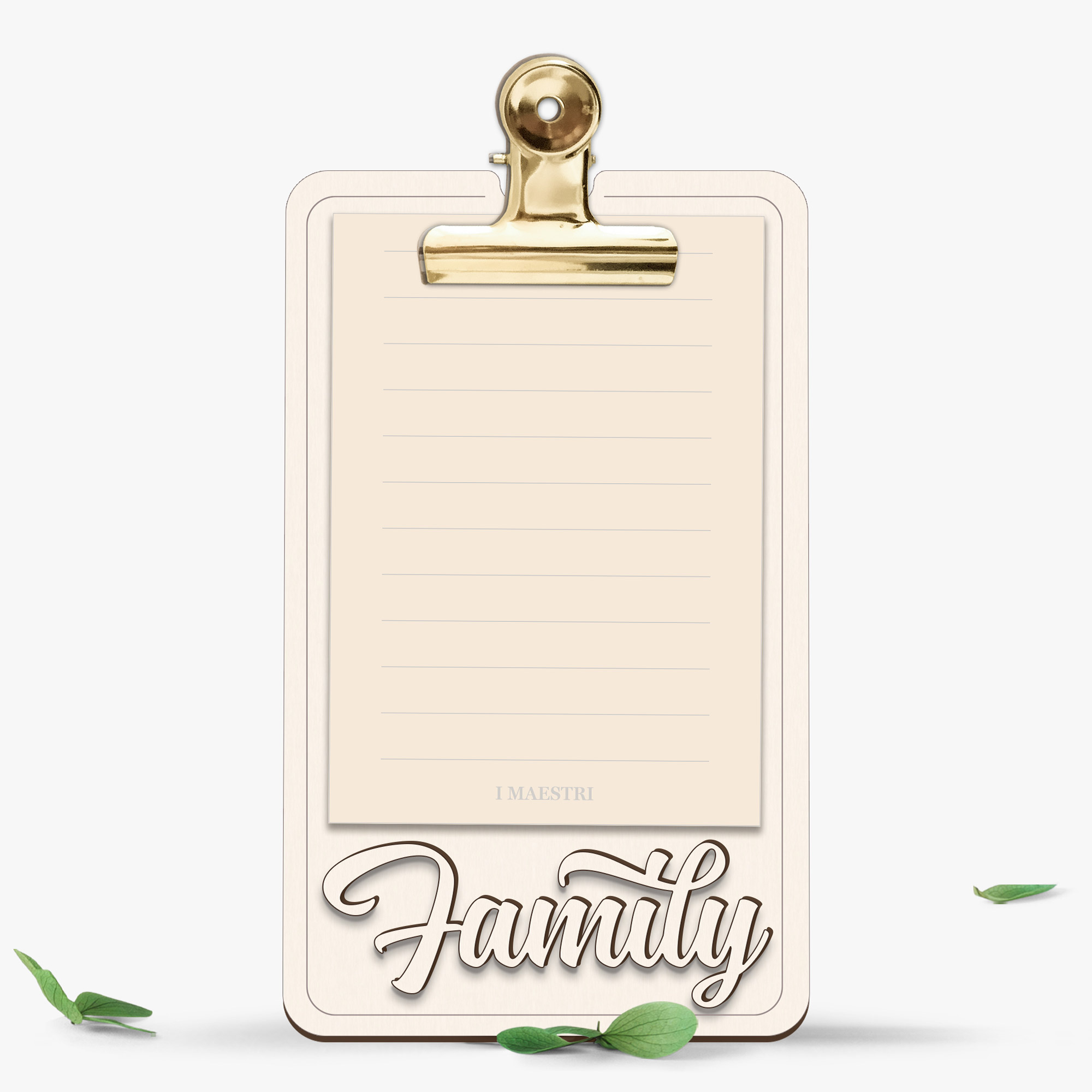 Lavagnetta memo con blocco appunti e clip fermafogli decorata con scritta family